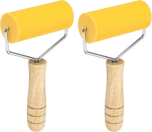 HARFINGTON 2pcs Rolling Pin 7.6" x 1.69" Silicone Roller Wood Handle Non-Stick Fondant Roller Dough Roller Rolling Pins for Baking Cookie Pastry Clay, Yellow