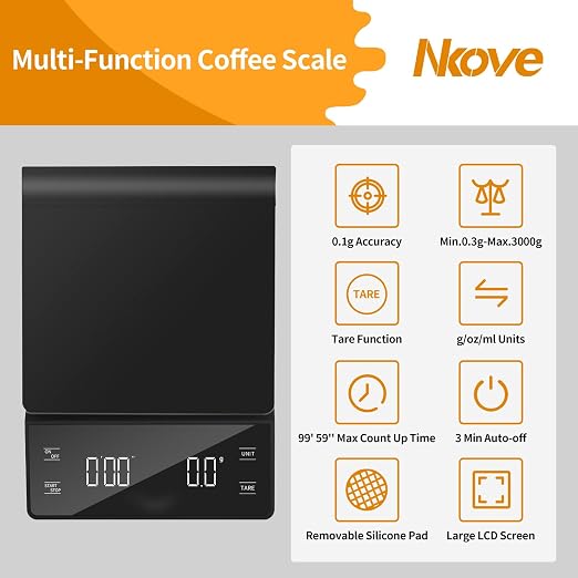 NKOVE Coffee Scale with Timer, 0.1g High Precision Espresso Scale 3kg | Digital Coffee Weight Scale with Tare Function, LED Display, Battery Powered, for Pour Over Coffee and Espresso Machine
