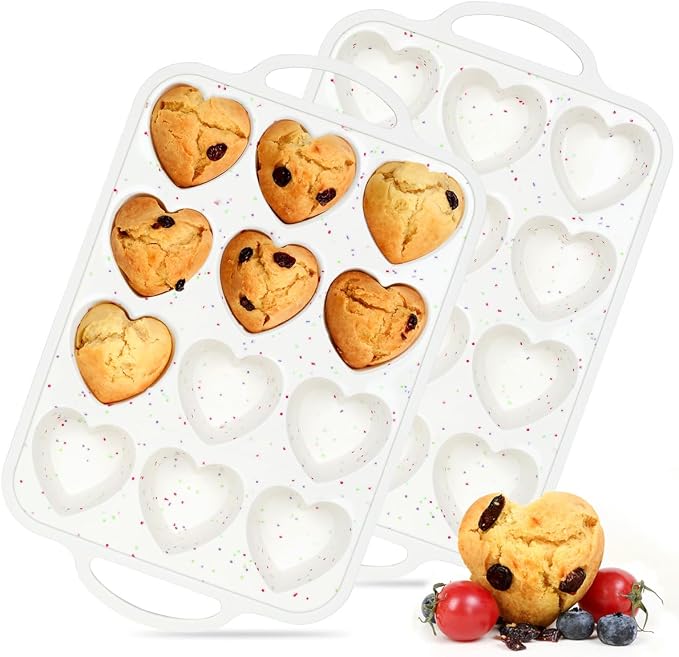 CAKETIME Heart Shaped Silicone Muffin Pan, Metal Reinforced Frame 12 Cups Silicone Molds for Valentine's Day Baking Muffins, Cupcakes, Tartlets, Egg Bites, Chocolate Muffin, Soaps 2 Pack