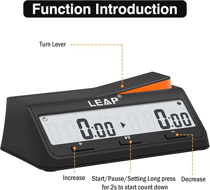 LEAP Chess Clock Digital Chess Timer Advanced for Board Game and Chess Timer with Bonus & Delay Count Down up Alarm Black/Orange