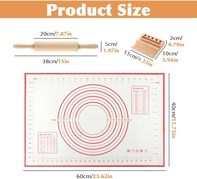 Wood Rolling Pin with Silicone Baking Mat Wood Base, Non Stick Dough Roller with Handle, Fondant Roller Beech Rolling Pins for Baking Pizza Pastry Bread Cookies