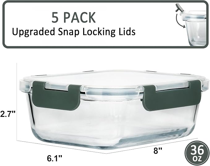 M MCIRCO 5 Pack 36 oz Glass Food Storage Containers with Lids,4.5 Cups,Gray | Glass Meal Prep Containers,Airtight Lunch Containers with Lids, Microwave, Oven, Freezer and Dishwasher Friendly, BPA Free