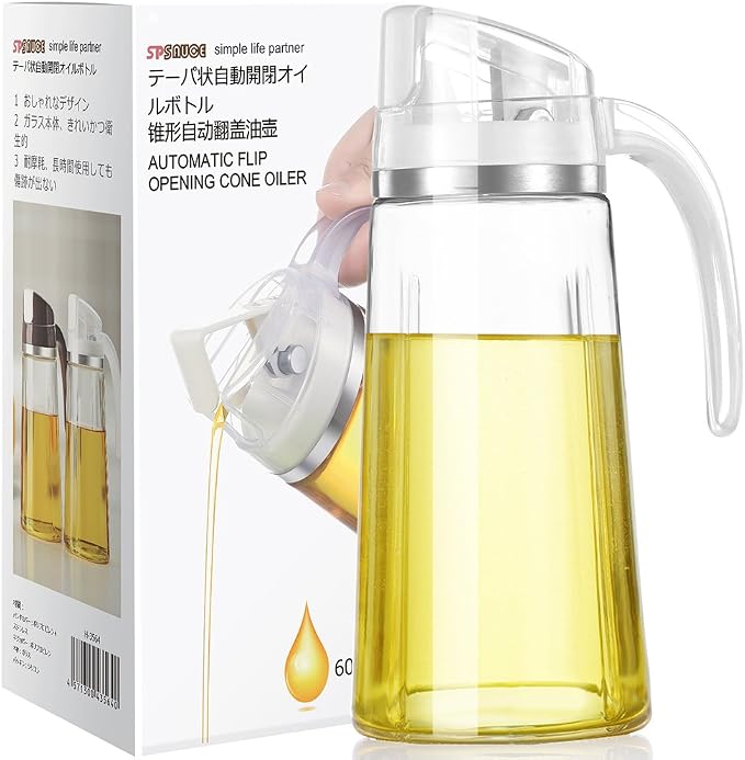 Marbrasse 20oz Glass Oil Dispenser Bottle with Auto Flip Cap, White | Auto Flip Cap for One-hand Use, Leakproof Design, for Olive Oil/Vinegar/Cooking Oil, Kitchen Essential