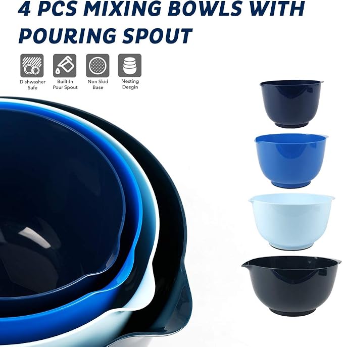 BoxedHome Classic Mixing Bowls Set of 4, BPA Free Plastic, Microwave Safe | 4.5, 3.5, 2.5 and 1.7 qt, Non-slip Base Large Non-toxic Nesting Bowl with Pour Spout, Dishwasher Safe, for Prep, Cooking