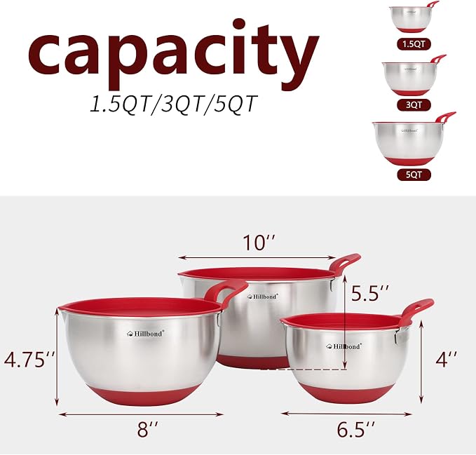 Hillbond Mixing Bowls with BPA Free Airtight Lids Nesting Bowls with Pour Spout, Silicone Handle and Non-Slip Bottoms for Baking, Stainless Steel Mixing Bowls Dishwasher Safe, 1.5, 3, 5 QT(Red)