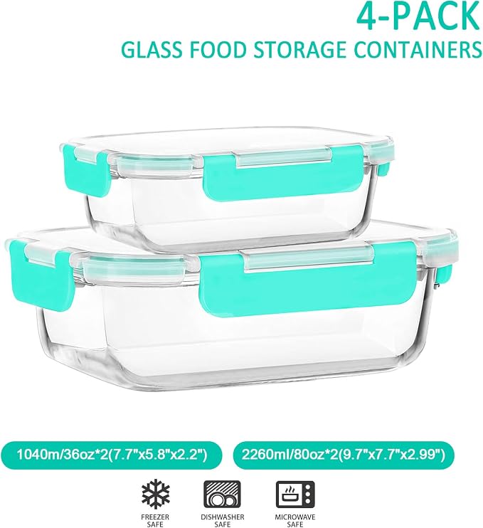 M MCIRCO 80 oz & 36 oz Extra Large Glass Food Storage Containers with Lids | Meal Prep Containers, 2 Pack 80 oz(10 cup) &2 Pack 36 oz (4.5 cup) Baking Containers, Microwave, Oven, Freezer, Green