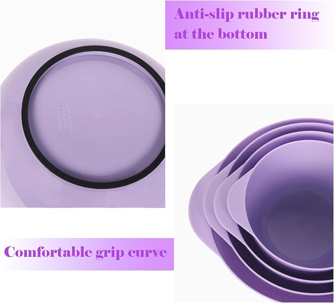 BoxedHome Mixing Bowls Set of 4, BPA Free Plastic,Microwave Safe, Purple | 4.5/3.5/2.5/1.7 quarts,Non-slip Base Large Nesting Bowl with Pour Spout, Dishwasher Safe, for Prep, Cooking,Baking