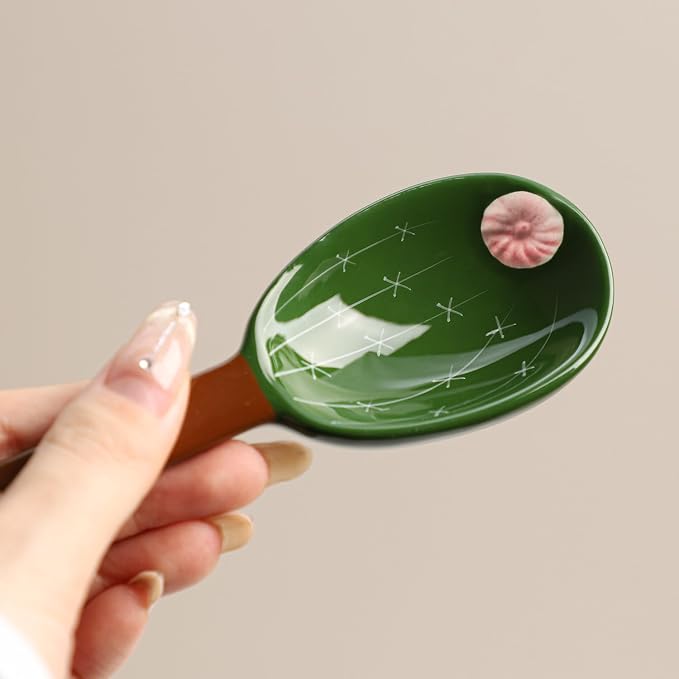 Sizikato 4pcs Porcelain Measuring Spoons with Base, Cute Cactus Shape