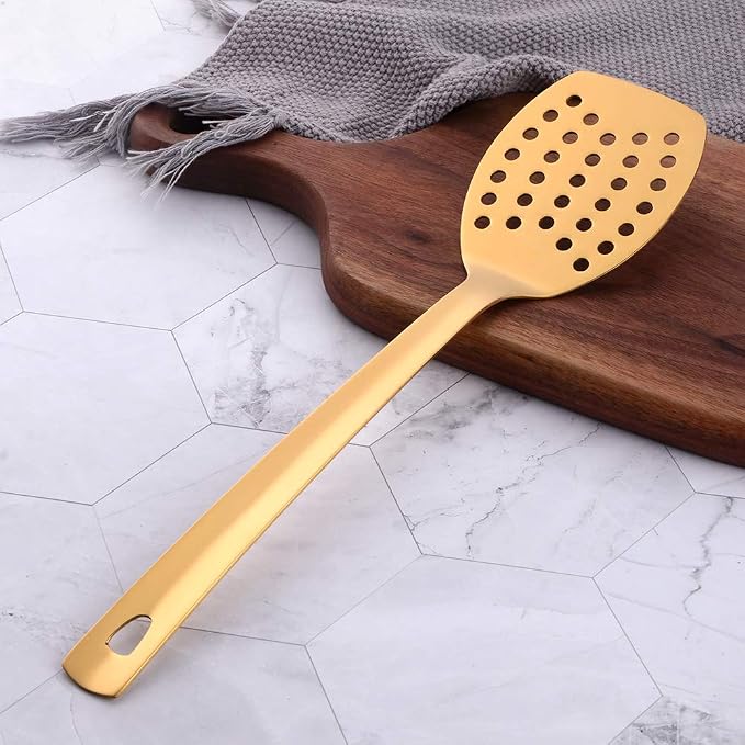 6 Pcs Gold Slotted Turner, Stainless Steel Titanium Plated Spatula, Ergonomic Integral Forming Long Handle-Dishwasher Safe(13 inches/33.2cm)
