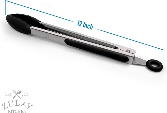 Zulay Premium Set of Stainless Steel Tongs for Cooking, Grilling and Barbecue - 12" Heavy Duty Silicone Tongs with Heat Resistant, Nonstick, Silicone Heads, Best for Non-Scratch Cookware