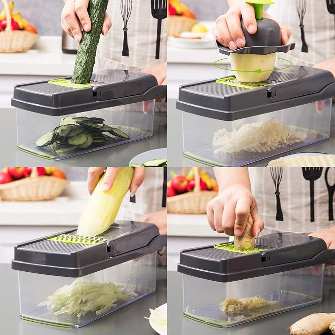 Vegetable Chopper, 12 in 1 Mandoline Slicer Food & Onion Chopper Cuber Cutter Onion Dicer, Veggie Slicer Manual for Garlic, Cabbage, Carrot, Potato, Tomato, Fruit, Salad (Green)-christmas gifts