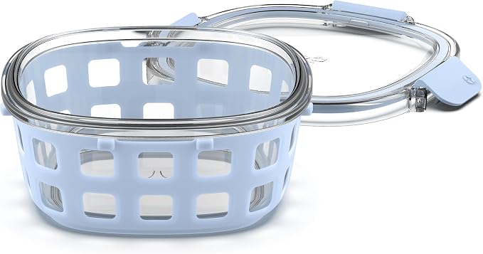 Ello Duraglass 4 Cup Glass Meal Prep Container with Lid, Halogen Blue | 4 cup glass meal prep container with silicone sleeve, leakproof BPA-free lid, microwave, freezer and dishwasher safe