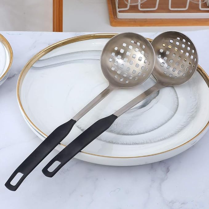 Buyer Star 2 Pcs Soup Ladle Colander, Silver Black Cookware Serving Long Handle Steel Slotted Spoon Cooking Utensil Set for Hotpot
