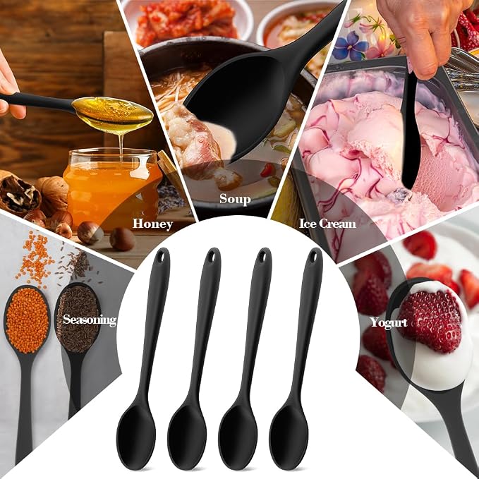 Silicone Spoons for Cooking, 4 Pcs Large Serving Spoons 10.8" Nonstick Heat Resistant Cooking Spoons Utensils Mixing Kitchen Spoon for Cooking, Baking, Serving, Mixing and Stirring, Black