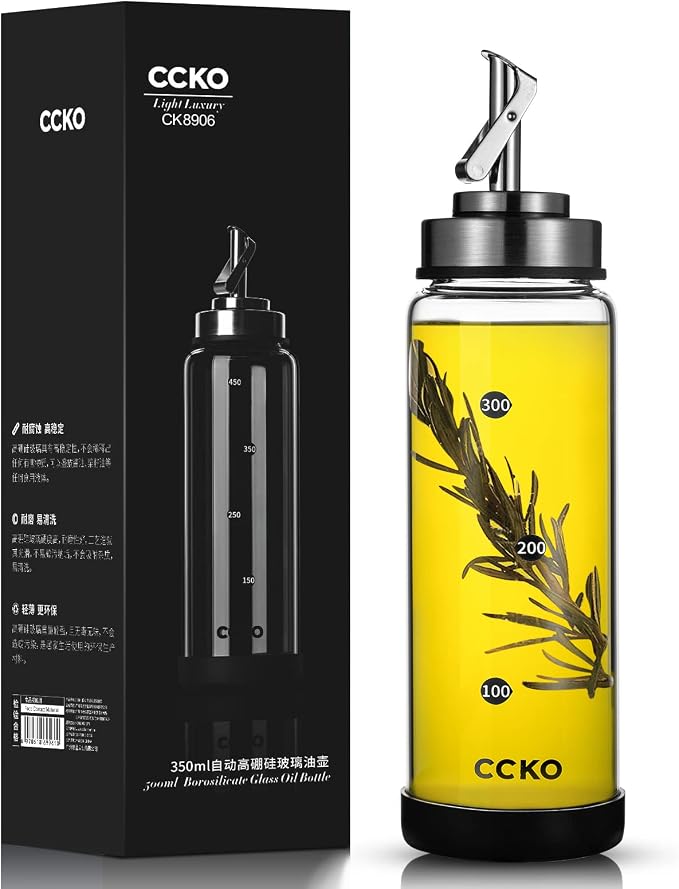 CCKO Glass Olive Oil Dispenser Bottle with Stainless Steel Spouts Shatterproof Glass Olive Oil Bottle 350ml Cooking Oil and Vinegar Cruet Bottle Container Carafe for Kitchen
