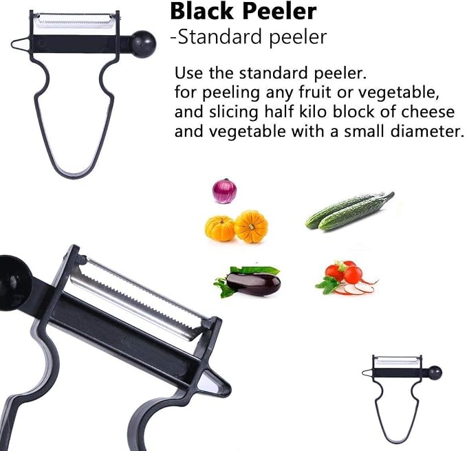 Kitchen Food Peeler Set, Stainless Steel Blades with Non-Slip Handles, 3-Piece Set (Black 50mm, Blue 68mm, Red Julienne)