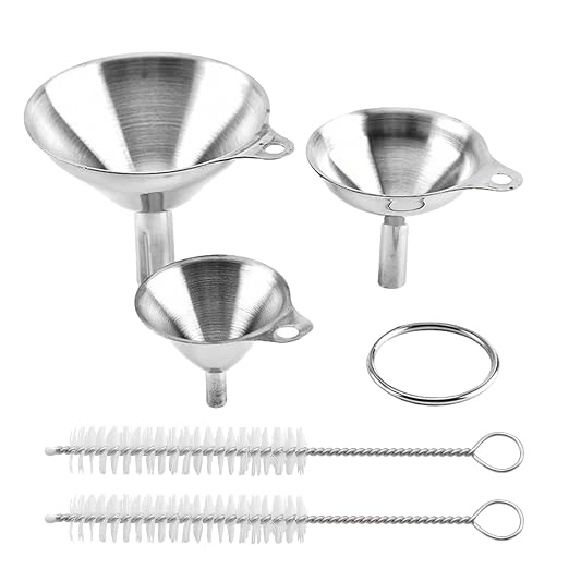 Silver Stainless Steel Funnels for Kitchen Use, Large Tiny Small Funnel Set of 3 with 2Pcs Cleaning Brush Set for Filling Bottles Oil Liquor Water Spice (Silver)