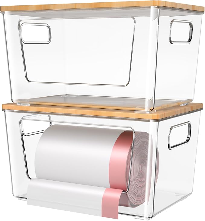 spospo 2 Pack Trash Bag Holder with Bamboo Lid Stackable Trashbag Dispenser | Extra Large Garbage Bag Holder for Kitchen Laundry Room Under Sink Organization and Storage