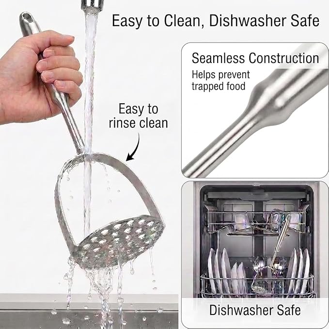 Potato Masher, Heavy Duty 304 Stainless Steel Potato Masher, One-Piece 37-Hole Plate for Smooth Mashing, Dishwasher Safe, Silicone Spatula Included