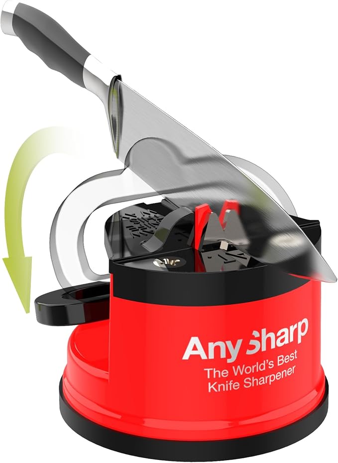 AnySharp – Editions – Hands Free Knife Sharpener - Easy to Use Sharpening Tool with PowerGrip Suction Base and 20-Degree Pre-Set Angle - for All Knives: Chef's, Serrated, and Hardened Steel - Red