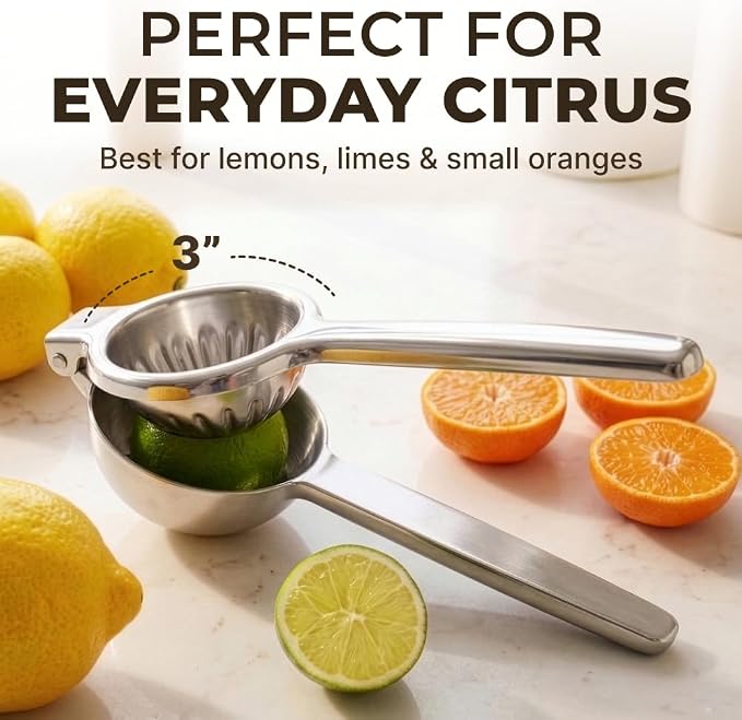 Stainless Steel Lemon Squeezer Press - No Seeds, Pro-Grade, Effortlessly Get Every Drop - Manual Non-Slip Grip Design - Lemon Lime Squeezer, Orange, and Citrus Fruit Hand Held Lemon Juicer Squeezer