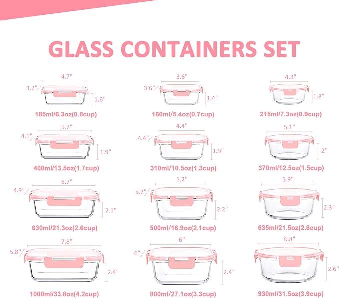 24 Pieces Glass Food Storage Containers Set, Pink | Meal Prep Containers, BPA-Free, Airtight Glass Storage Containers with lids,Freezer, Microwave and Oven Safe