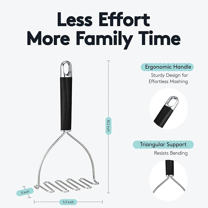 Potato Masher, 10.2 Inch Heavy Duty Stainless Steel Wire Build, Ergonomic Handle, Reinforced Durable Design for Effortless Mashing, Food Grade Dishwasher Safe Kitchen Tool, Black