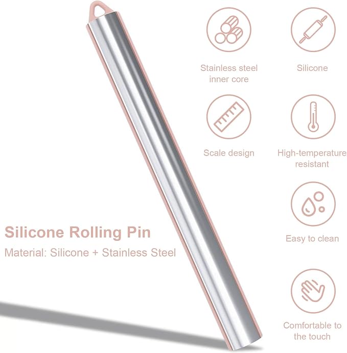 Non Stick Dough Roller Pins for Baking,Silicone Rolling Pin with Steel Core 10.39"/26.4cm (Pink)