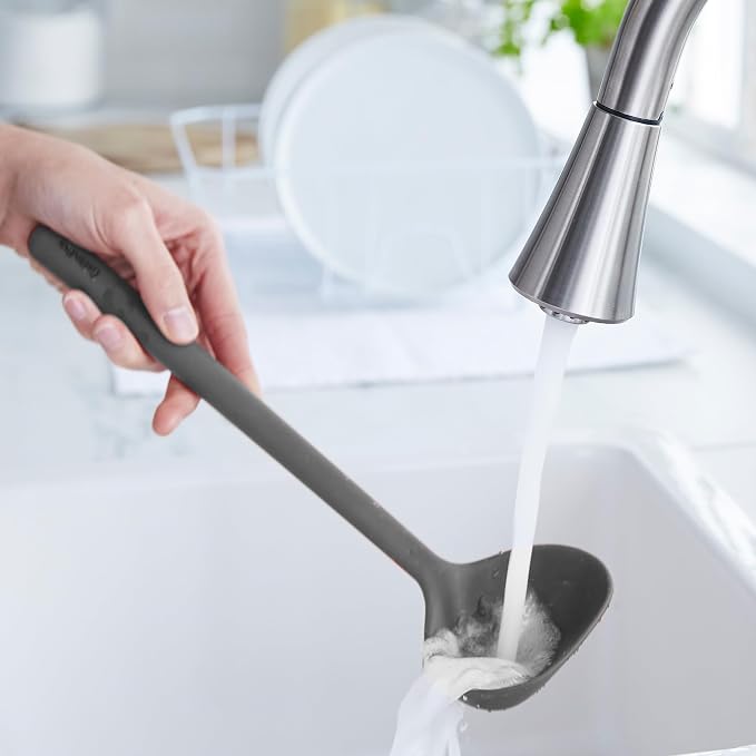 GreenPan Silicone Ladle, Soup Mixing Stirring Serving, Cooking Kitchen Utensil, Flexible Rubber Nonstick Cookware, Rigid Steel Core, Heat-Resistant, Anti-Slip Handle, BPA-Free, Dishwasher Safe, Gray