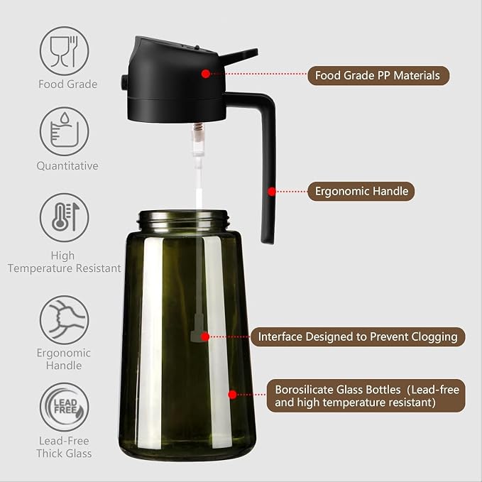 SWEET VIEW Olive Oil Sprayer for Cooking 16oz/470ml | Glass Light-Proof Oil Pourer for Kitchen with Stickers for Air Fryer, Cooking, Salad, BBQ with Stickers