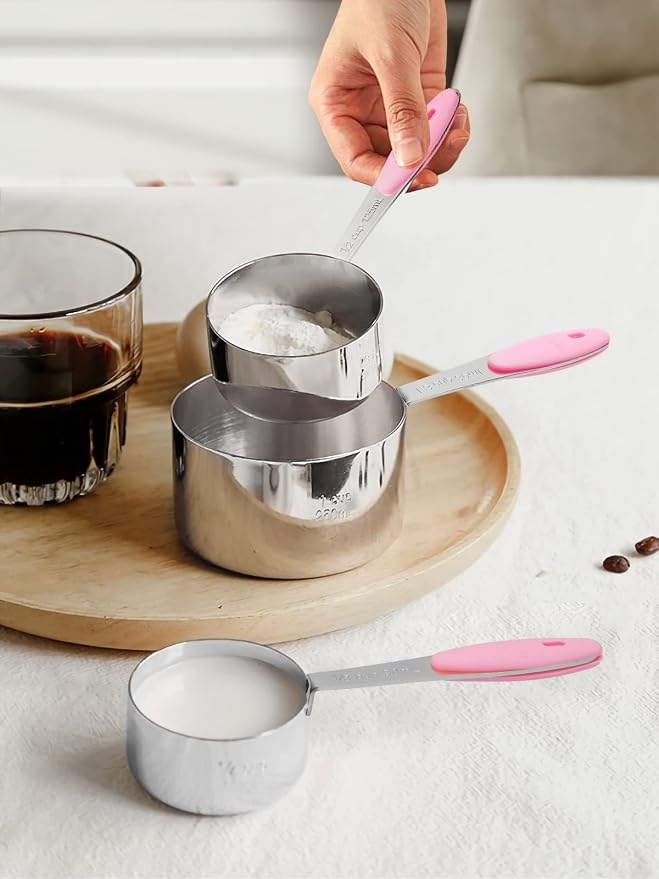 Joyhill Stainless Steel Measuring Cups and Spoons Set of 10 Piece, Nesting Metal Measuring Cups Set with Soft Touch Silicone Handles for Dry and Liquid Ingredients, Cooking & Baking (Pink) | BPA-Free Silicone Handles, Etched Markings, Nestable Design, ...