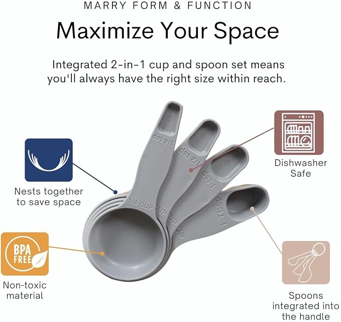 Storage Theory 2-in-1 Measuring Cups & Spoons Set (4-Piece) - Nesting Space-Saving Kitchen Gadget - BPA-Free Food Grade Plastic - Dishwasher Safe for Baking, Cooking, Coffee - Gray