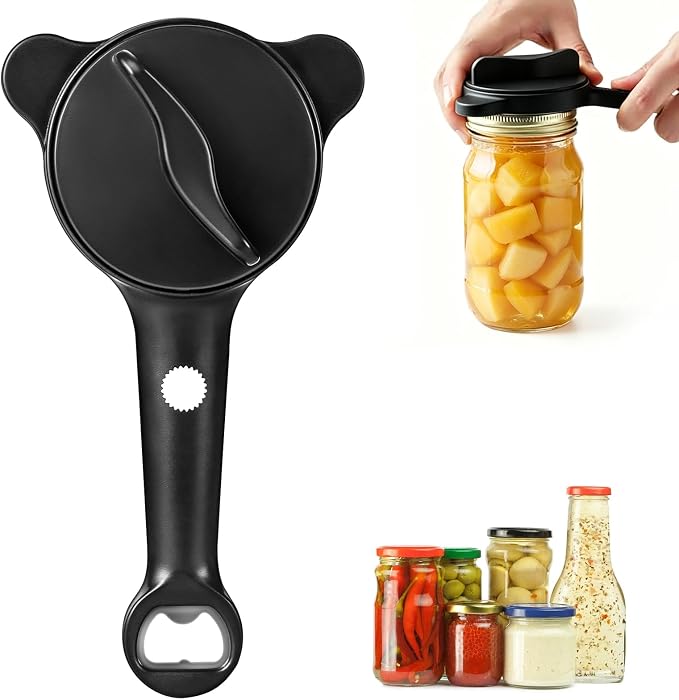 4-In-1 Adjustable Jar Opener for Seniors & Weak Hands, Lid Opener with Non-Slip Grip, Stainless Steel Jar Lid Opener, for Jars, Bottles & Cans (Black)