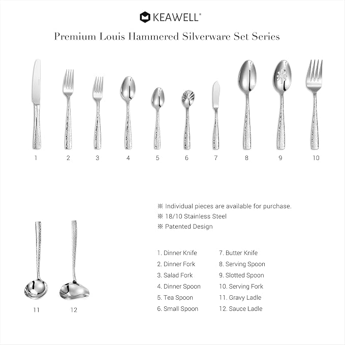 KEAWELL Premium Louis Hammered Table Utensils, 18/10 Stainless Steel, Squared Edge, Mirror Finish, Dishwasher Safe (Serving Spoons, Set of 2)