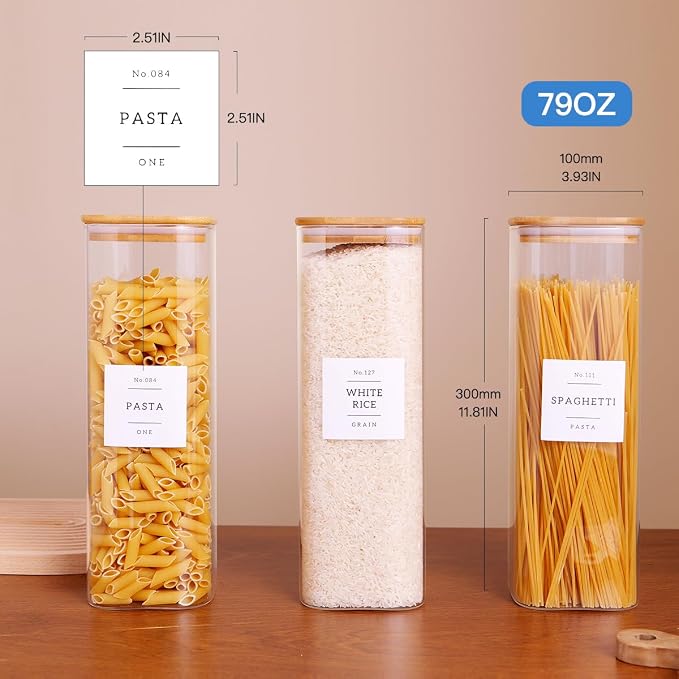 CZZGSM 3 Pack Square Kitchen Storage Jars with Airtight Bamboo Lids and 132 Pantry Labels - 80oz Glass Canisters with Wood Lids - Food Storage Containers for Spaghetti, Pasta, Fettuccine