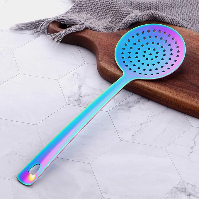 Skimmer Spoon, BuyGo Kitchen Tool Slotted Spoon Stainless Steel Cooking Utensil Strainer Ladle with a Loop, Comfortable Grip Design Strainer Ladle for Kitchen, Rainbow