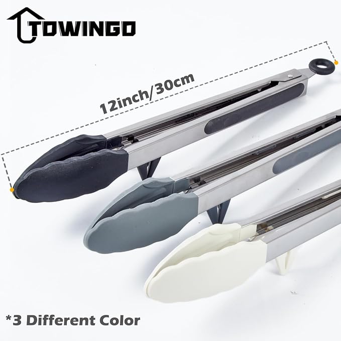 12" Kitchen Tongs, 3Pcs Tongs for Cooking with Silicone Tips, Food Grade Small Silicone Tong, Mini Serving Tong for BBQ Salad(Black,Grey,White)