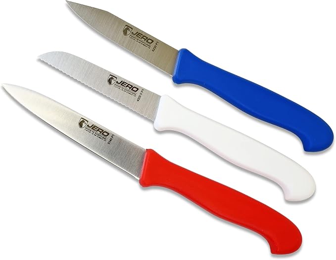 JERO 3-Piece Professional Paring Knife Set In Retail Pack - Spear Point Paring, Clip Point Paring And Serrated Paring Knife - Made In Portugal