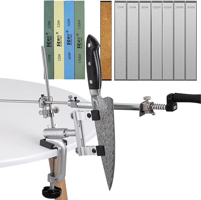 Professional Knife Sharpener with 11 Whetstones, Knife Sharpener Professional Stainless Steel Kitchen Chef Knife Sharpener Home Knife Sharpening Kit Abrasive Holding System Tools, Silver