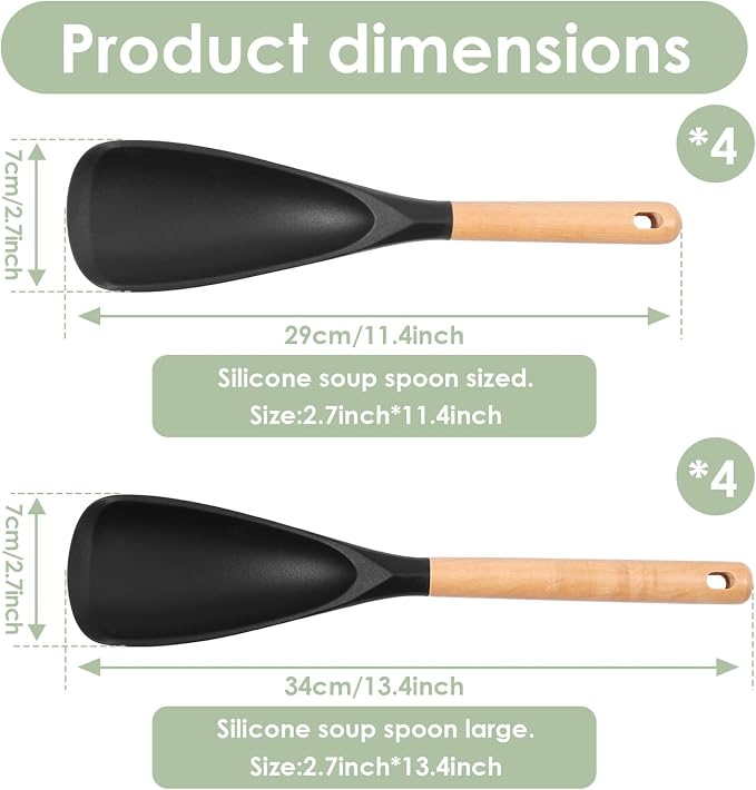 8Pack Silicone Cooking Spoons, Wooden Handle Spatula Spoon for Non-Stick Cookware, Black 4 Large 4 Small Heat Resistant Kitchen Utensils for Stirring, Scooping, Scraping, Dishwasher Safe