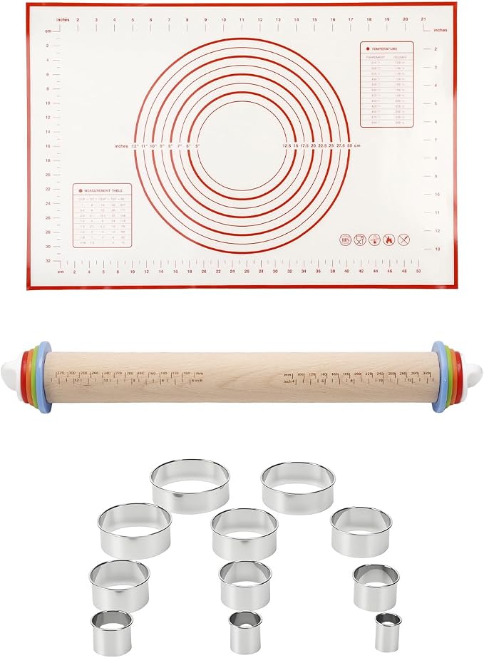 16.7" Wood Rolling Pin with Thickness Rings, Adjustable Wooden Rolling Pins for Cookie Pastry Tools, Dough Roller Pins with 1PCS Silicone Pastry Mat & 11PCS Stainless Steel Cookie Cutters