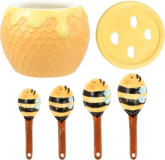 Ceramic Bee and HoneyComb Measuring Spoons Set for Dry or Liquid with Measuring Cup Set, 4 PCS Kitchen Measuring Baking Spoons Cooking Measuring Spoons for Kitchen Baking Tool Utensil Set