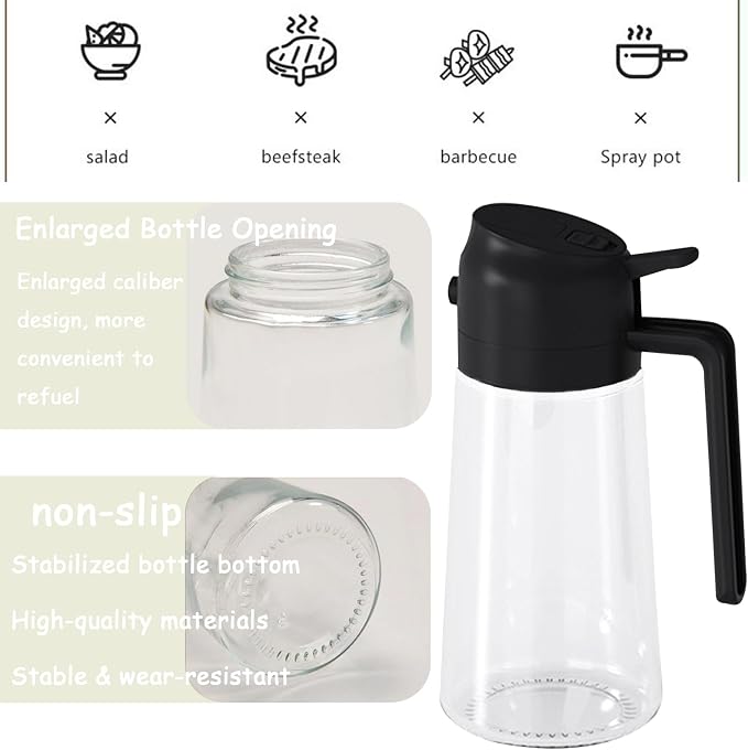 Oil Dispenser for Kitchen, 2 in 1 oil Dispenser and Oil Sprayer, 470ml Oil Sprayer for Cooking, Food Grade Oil Mist Spray Bottle (Black)
