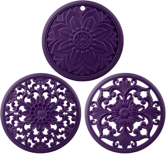 Purple Silicone Trivets for Hot Dishes, Pots & Pans, Round Hot Pads for Kitchen, Silicone Trivet mat for Table Tops, Silicon Pot Holder for Countertops, Heat Resistant Mat Set 3