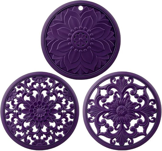 Silicone Trivets Mat for Hot Pots & Pans & Dishes, Versatile Hot Pad for Kitchen, Multipurpose Heat Resistant Mat for Kitchen Counter, Durable & Flexible Round Silicone Pot Holder Set 3 Purple