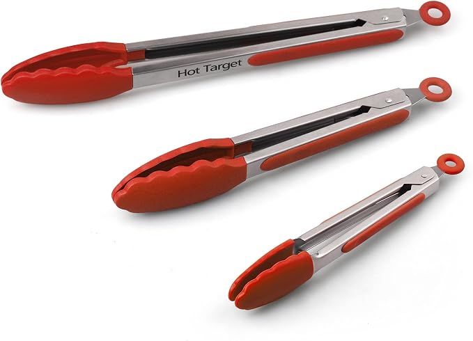 Set of 3 (7, 9, 12 inches) Kitchen Tongs for Cooking - Heavy Duty & Non-Stick with Stainless Steel - Kitchen Tongs with Silicone Tips - Heat Resistant Long Food Tongs for Grilling BBQ - Red