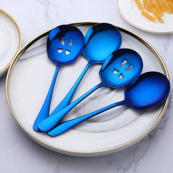 Meisha Serving Spoons Set, 3 Serving Spoons and 3 Slotted Serving Spoons, Blue Stainless Steel Serving Utensils for Buffet Can Banquet Cooking Kitchen - Mirror Polished