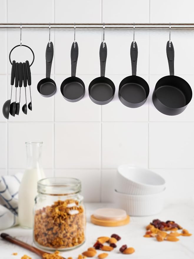 JOYHILL Measuring Cups and Spoons Set 304 Stainless Steel 10-Piece Black | BPA-Free Silicone Handles, Etched Markings, Nestable Design, Dishwasher Safe for Dry & Liquid Ingredients