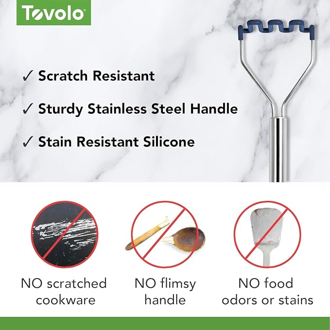 Tovolo Silicone Potato Masher Stainless Steel Handle Deep Indigo Dishwasher Safe Heat Resistant Non Scratch Handheld Coil Wire Potato Smasher for Nonstick Pans Ergonomic Kitchen Food Prep Tool