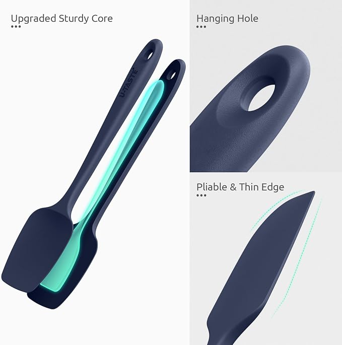 U-Taste Flat Spatula & Spoon Spatula: 11.38in 600ºF Heat Resistant Silicone Bowl Scraper, Flexible Rubber Kitchen Cooking Mixing Utensil with Upgraded Non-Stick Surface (Set of 2, Midnight Blue)